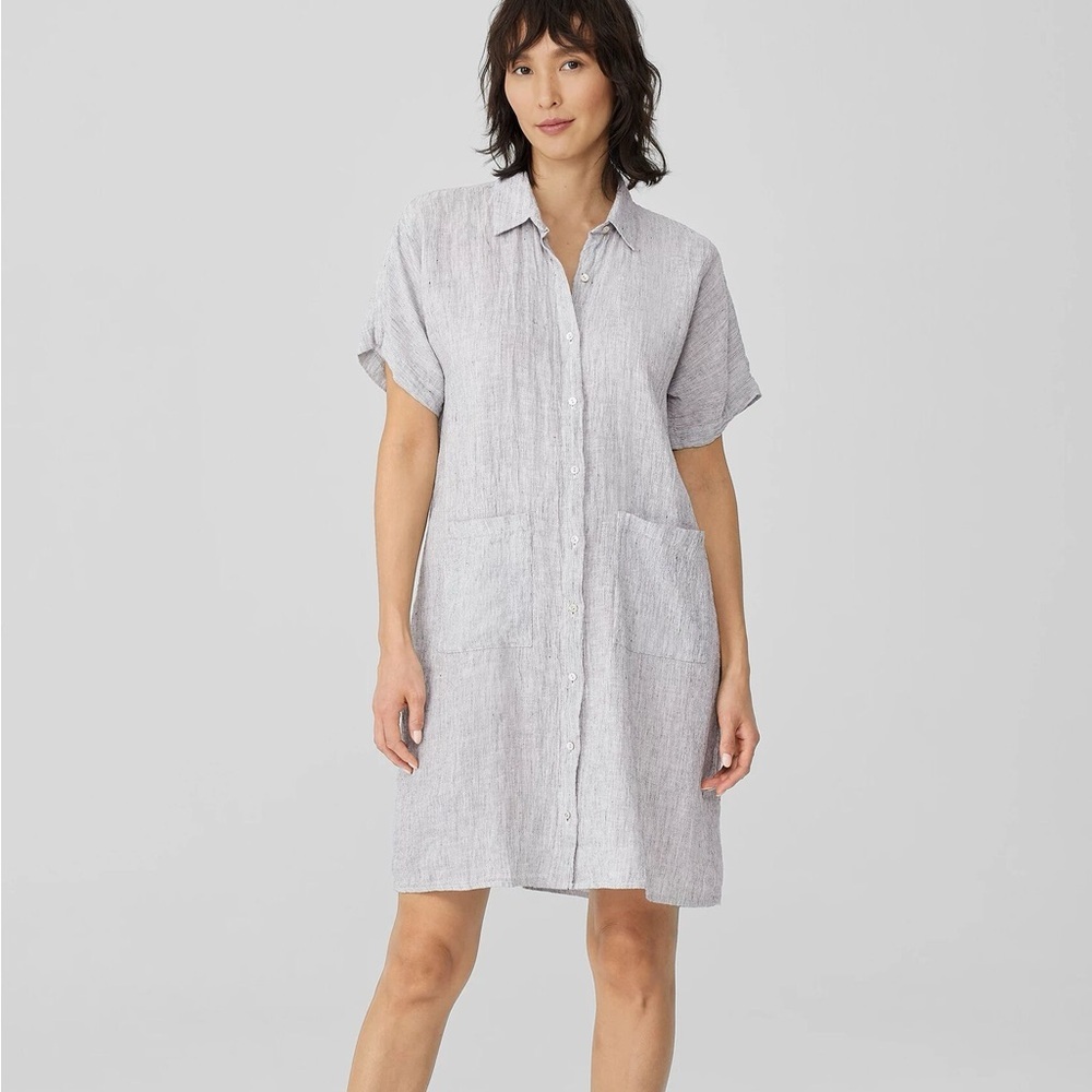 Eileen Fisher Gray Striped Organic Linen Crinkle Shirt Dress Button Size X-Small